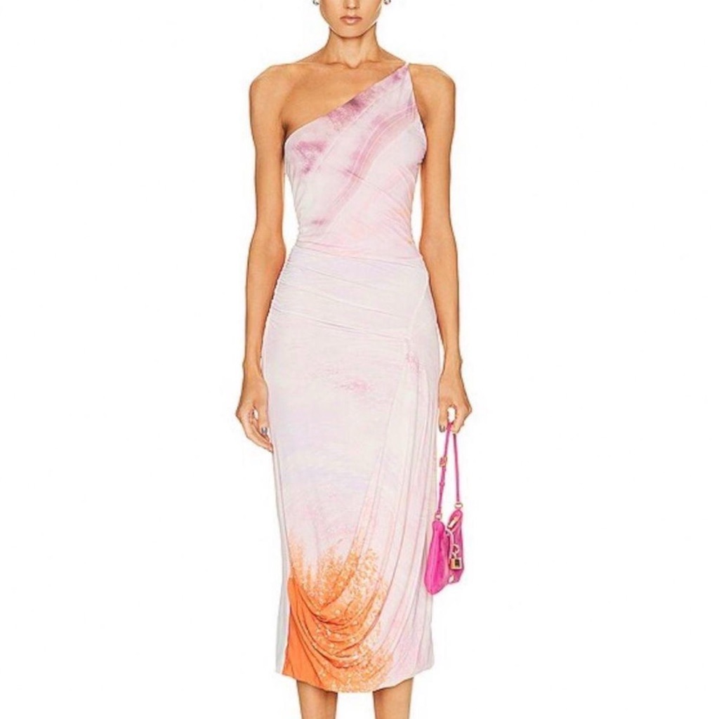 Nwt Jonathan Simkhai One-Shoulder Pink And Orange Midi Dress